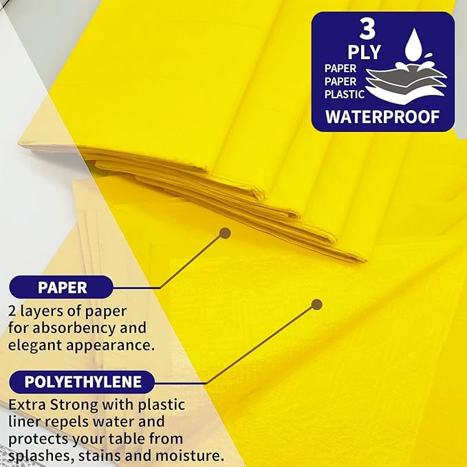 [6 Pack] Yellow Paper Tablecloth Disposable for Rectangle Tables, 54 X 108 Inch Party Table Cover with Plastic Backing, Waterproof 3 Ply Table Cloth for Cocktail Birthday Baby Shower