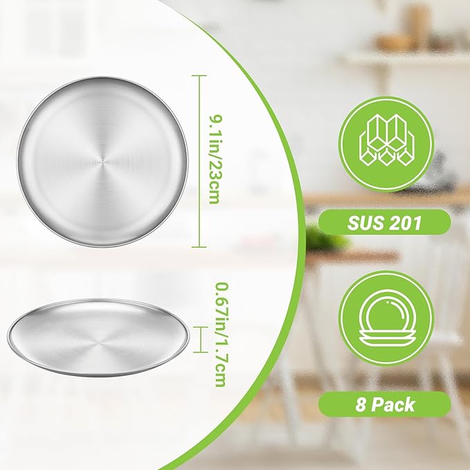 Metal Camping Plates, 8 Pack 9.1 inch Small 201 Stainless Steel Plates, Reusable Pizza Food Serving Snack Eating Salad Dishes Round Shatterproof Brushed Finish Silver Dish Oven Dishwasher Safe