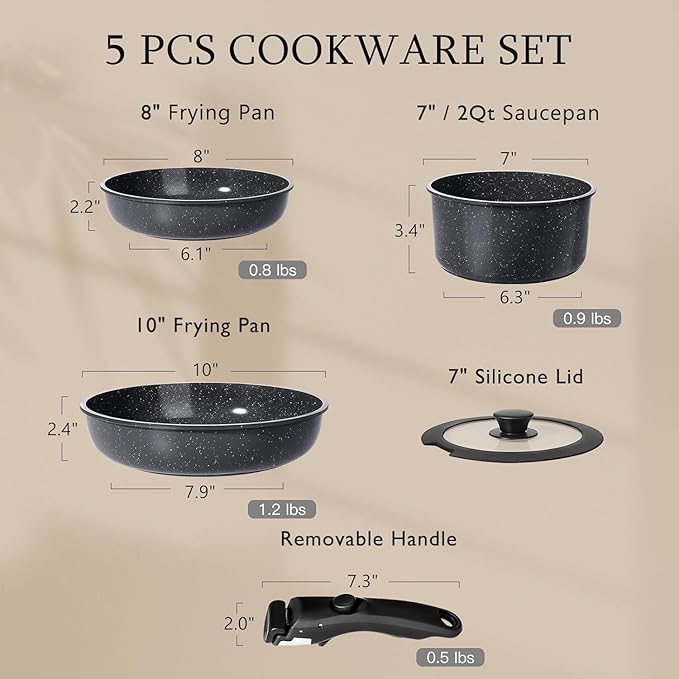 GiPP Ceramic Pots and Pans Set Non Stick, Nonstick Detachable Handle Cookware Sets, Non Toxic Induction Kitchen Pot and Pan with Removable Handle, Healthy RV Cookware, Dishwasher 竊냀ven Safe, 5 Piece