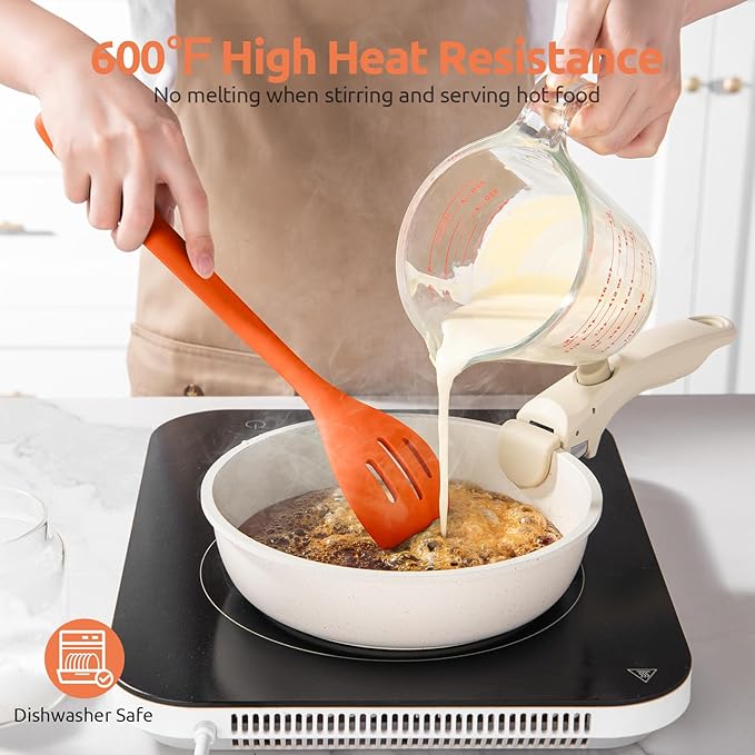 600쨘F Heat Resistant Slotted Spoon: U-Taste 13.3in Solid Kitchen Cooking Spoon, Nonstick Food Grade Large & Long Rubber Utensil for Mixing, Serving, Stirring, Basting, Frying, Draining (Orange)