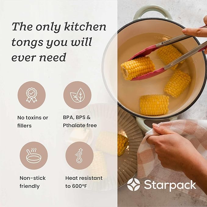 Starpack 'Get a Grip' Silicone Kitchen Tongs for Cooking 12 Inch - BBQ Tongs for Grill Heat Resistant to 600째F - Stainless Steel Tongs with Non Stick Tips - Silicone Tongs for Serving Food