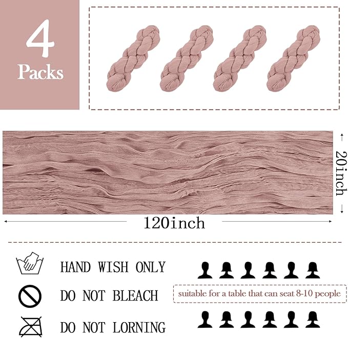 4 Pack Dusty Pink Cheesecloth Table Runner 20 x 120 inch Gauze Table Runners 10 FT Long,Semi Sheer Cheese Cloth Fabric Table Runner Bulk for Wedding,Party,Baby Shower,Bridal Shower Decoration