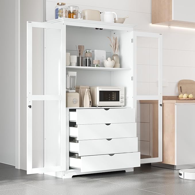 Zateety 73.2" Kitchen Pantry, Freestanding Kitchen Storage Cabinet Display Cabinet with Glass Doors and 4 Built-in Drawers for Living Room, Home Office, White