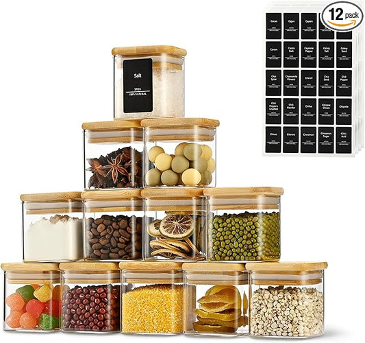 5oz Airtight Square Spice Containers with Bamboo Lid Set of 12 with Black Lables Storage Stackable Spice Jar, Kitchen Canister for Sugar, Tea, Flour, Salt and Seasonings (?랢lear Glass)