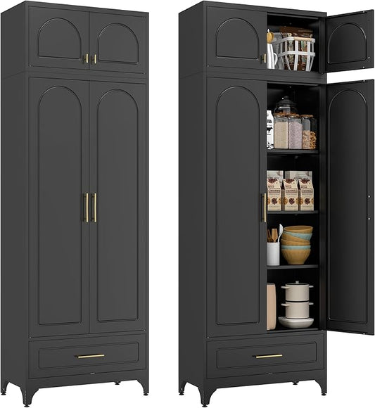 Kitchen Pantry Cabinet, 90" Tall Metal Pantry Cabinet, Food Cupboards with One Drawer, Freestanding Storage Cabinets for Dining, Living Room, Black,16" D x 32" W x 90" H, Assembly Required