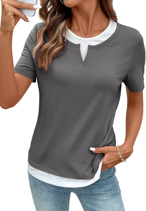 SHEWIN Womens Tops Casual Crewneck Color Block Short Sleeve Mock Double Layer T-Shirt Summer Outfits for Women 2026