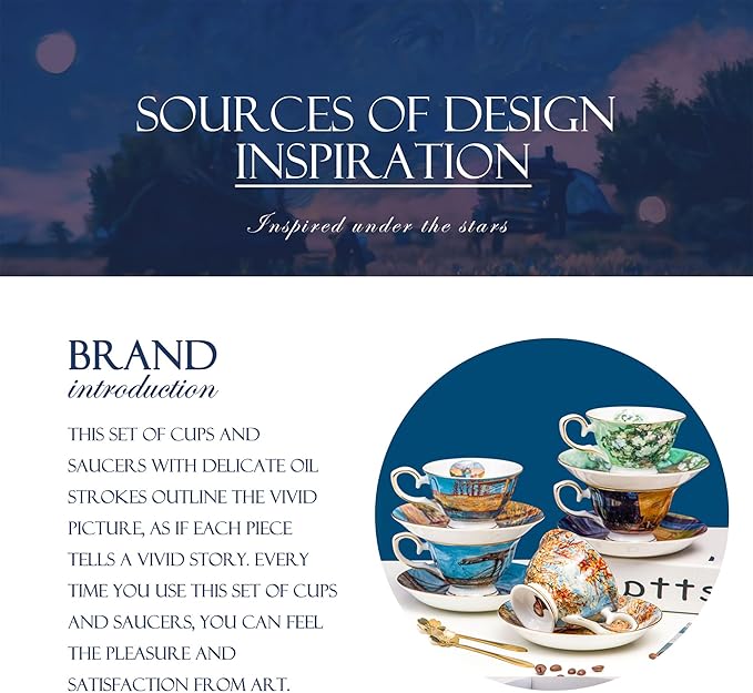 Van Gogh Bone China Set of 4 Cups and Saucers, Coffee Cup and Saucer Set With Gift Box, 7.4-Ounce Art Coffee Mugs Set - Perfect Birthday/Holiday/Wedding Gift
