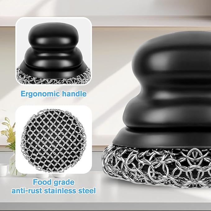 Onewly Cast Iron Scrubber (2 횞 Black Coarse Mesh) and and Scraper, Chain Mail Scrubber for Cleaning Stock Pots, Pans, Griddles, Grills, Cast Iron Skillets, Dish Scouring Pads