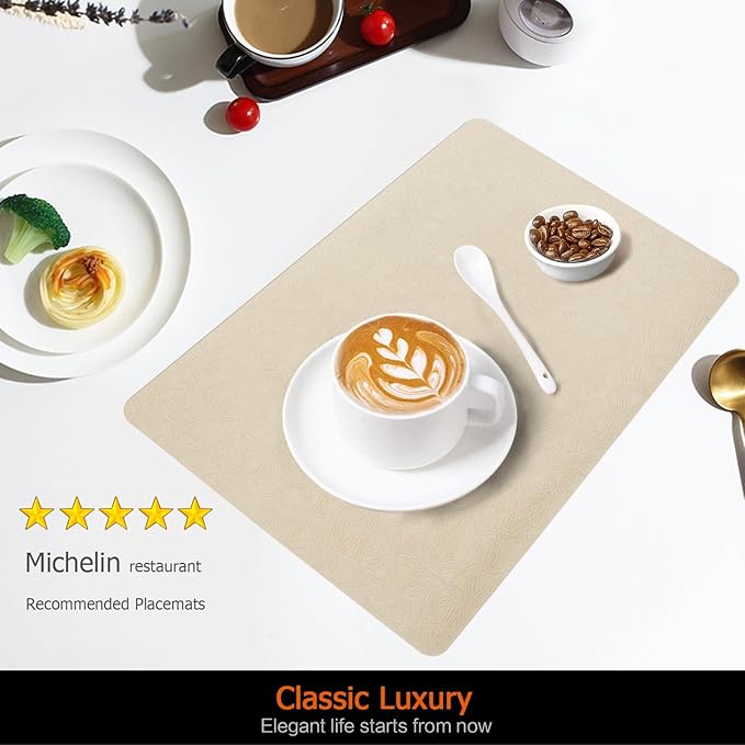 Uolr Vinyl Placemats Set of 8 Faux Leather 100% Waterproof Wipeable Washable Place Mats Heat Resistant Easy Clean Non-Slip Table Mats for Indoor Outdoor. (8,Beige)