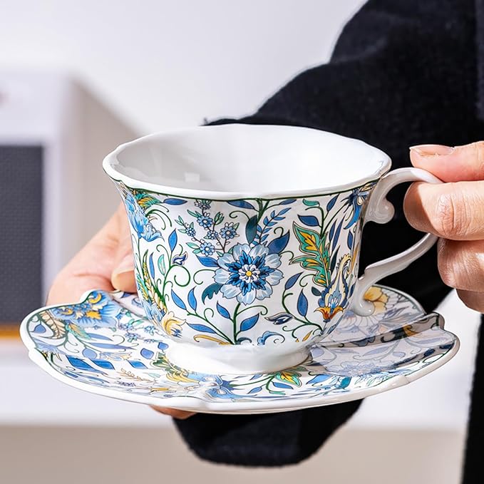 Vintage Floral Ceramic Tea Cups and Saucers,8.45 oz/260ml Small Breakfast Milk Coffee Mugs Colorful Flowers