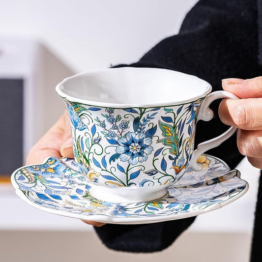 Vintage Floral Ceramic Tea Cups and Saucers,8.45 oz/260ml Small Breakfast Milk Coffee Mugs Colorful Flowers