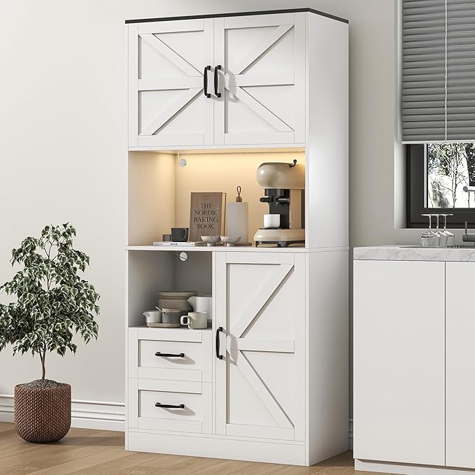 Kitchen Pantry Storage Cabinet with LED Lights and Power Strip, Tall Farmhouse Kitchen Pantry with Barn Doors and Drawers, Adjustable Shelves for Dining Living Room (White)