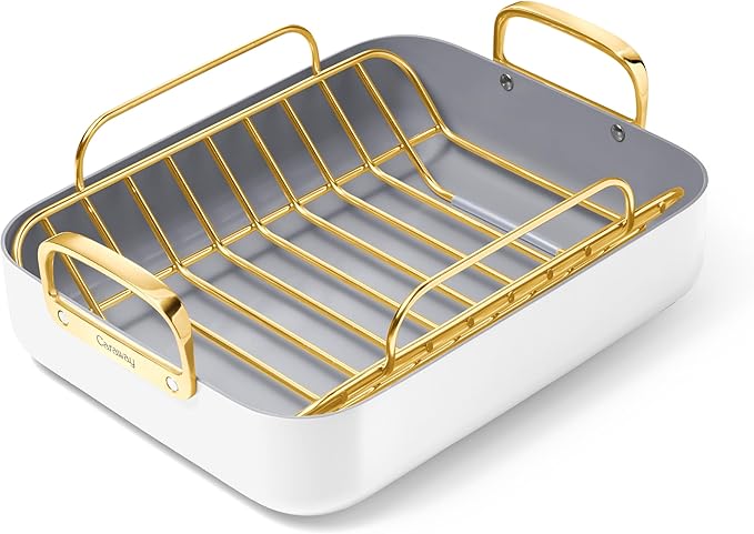 Caraway Roasting Pan - 16x13??Roasting Pan with Rack - Non-Stick Ceramic Coated - Non Toxic, PTFE & PFOA Free - Oven Safe & Compatible with All Stovetops - White