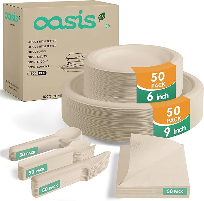 300PCS Disposable Paper Dinnerware Set for 50 Guests ??Compostable Includes 50 Each 6" Dessert Plates, 9" Dinner Plates, Spoons, Forks, Knives and Napkins, Ideal for Parties (Natural)