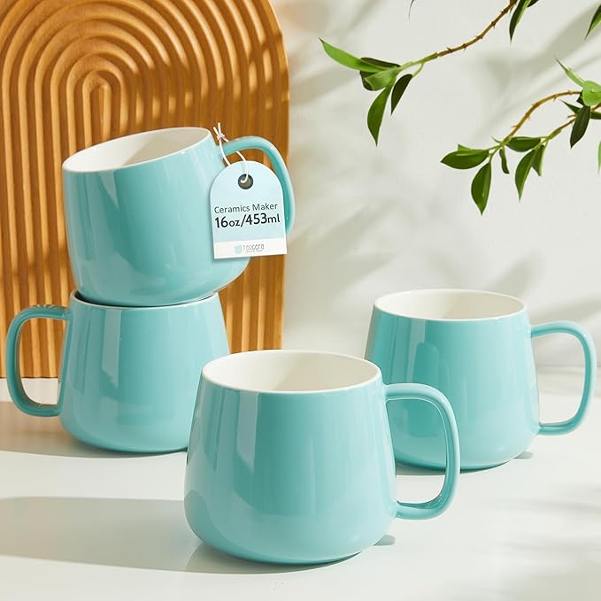 Teocera 16oz Ceramic Coffee Mugs Set of 4 ??Stackable Latte Cups, Microwave, Dishwasher & Oven Safe ??Ideal for Coffee, Cappuccino, Hot Chocolate, Housewarming Gifts, Turquoise