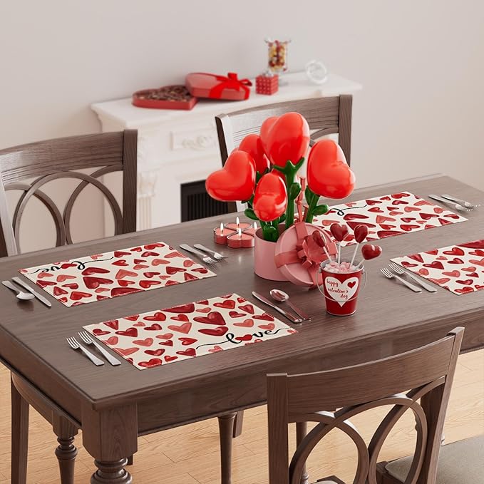 XCHI Watercolor Red Love Hearts Valentine?셲 Day Placemats Set of 6 Table Mats for Party Home Kitchen Dining Table Decorations 12x18 Inch