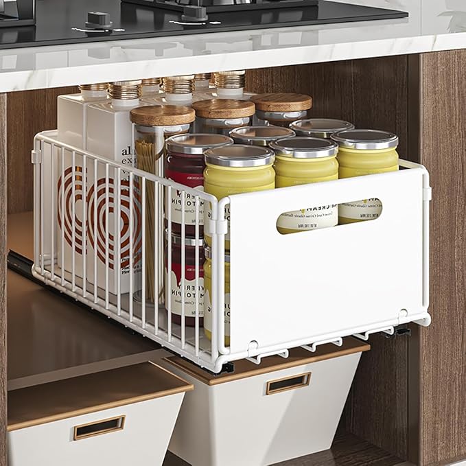 Pull Out Cabinet Organizer Slide Out Drawer Storage Shelves Cupboard Organiser Sliding Cabinet Basket for Kitchen No Drilling and Nailing (White, 2Piece 9.8" W X 15" D X 3.9" H)