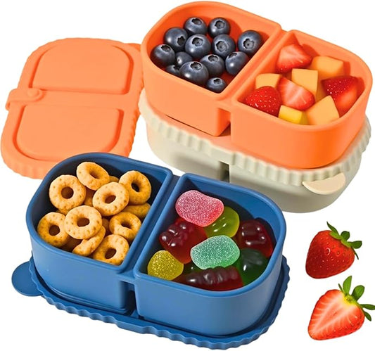 3 Reusable Silicone Food Containers (2 Compartments): Leak Proof, Microwave/Dishwasher Safe. Very Suitable For Snacking, Dipping Sauce, Cooking, Outdoor, Office or Home Use