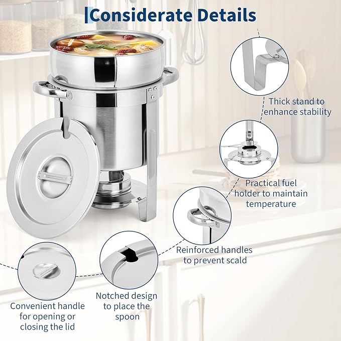 Garvee 11QT Commercial-Grade Soup Chafer Set of 4, Stainless Steel Round Food Warmers with Pots, Notched Lids & Fuel Holders, Commercial Buffet Equipment for Large Banquet Service & Buffet Catering