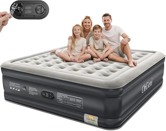 OhGeni King Air Mattress Family Choice Award with Built-in Pump,18'' Comfortable Blow Up Colchones Inflables Mattress for Home,Guests, Portable Air Bed for Adults, Airbed Supports Up to 700 lbs,Black