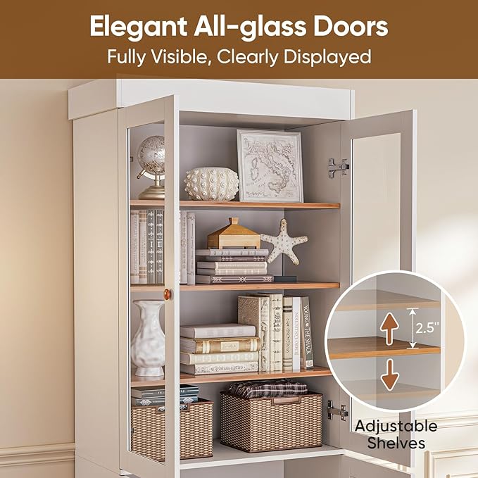 71" Tall Farmhouse Kitchen Pantry, Rustic Large Storage Cabinet with Glass Doors, Adjustable Shelves, Wood Versatile Hutch Cabinet for Dining Room, Living Room, White, Set of 3
