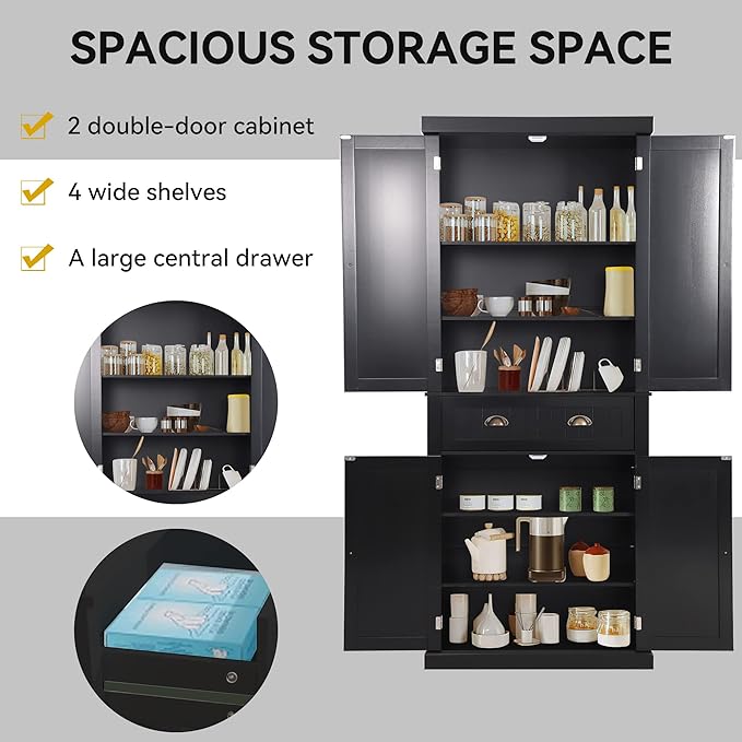 72" Kitchen Pantry Storage Cabinet, Freestanding Cupboard with 2 Cabinets, Drawer and Adjustable Shelves, Tall Storage Cabinet for Kitchen, Dinning Room, Living Room (Black)