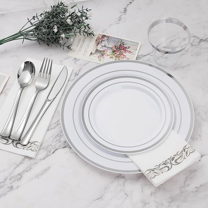 BESTVIP 700 PCS Silver Dinnerware Set for 100 Guests, Plastic Dinnerware Set for Party, Wedding, Christmas, Include: 200 Plastic Plates, 100 Silver Silverware, 100 Cups, 100 Paper Napkins