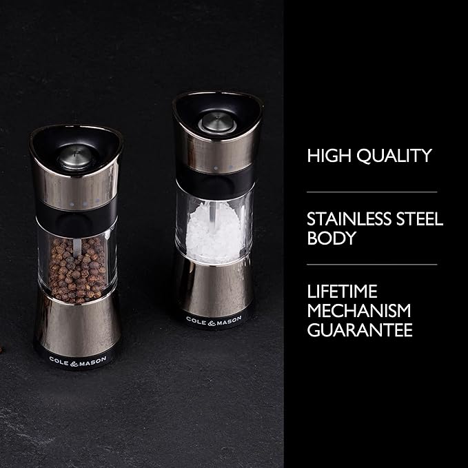 Cole & Mason 6-inch Horsham Salt & Pepper Mill Gift Set - Inverted Salt and Pepper Grinders - Refillable Seasoning and Spice Tools - Adjustable Salt and Peppercorn Grinder Settings - Chrome