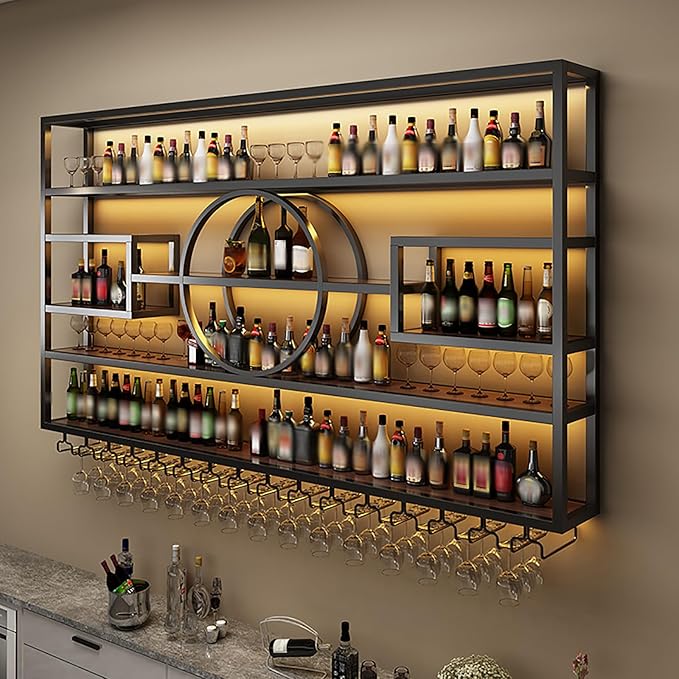 55in Wine Rack Wall Mounted, Large Capacity Hanging Wine Bottles Display Shelf with Glasses Holder, 4 Tier Industrial Bar Liquor Storage Shelves for Home Bar Kitchen,Living Room (Black, 110in)
