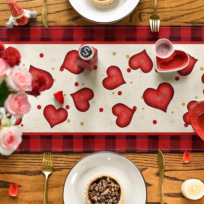 Artoid Mode Red Watercolor Hearts Gnomes Love Valentine's Table Runner, Seasonal Anniversary Wedding HoliKitchen Dining Table Decoration for Indoor Outdoor Home Decor 13 x 90 Inch