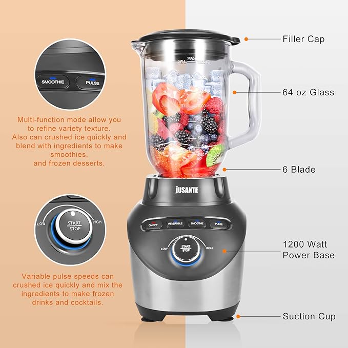 Blender with 64 oz Glass Jar - 1200W High Speed Juicer Blender for Smoothies, Shakes & Frozen Drinks (Black)