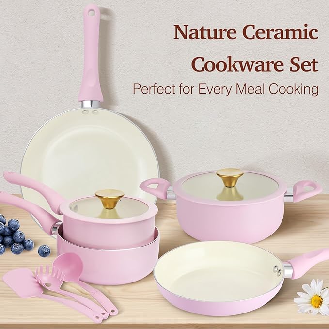 Pots and Pans Set Non Stick, Pink Ceramic Cookware Set, 11-Piece Induction Cookware, Non Toxic Healthy Kitchen Cooking Set, Gold Knobs Lids, Stay-Cool Handles