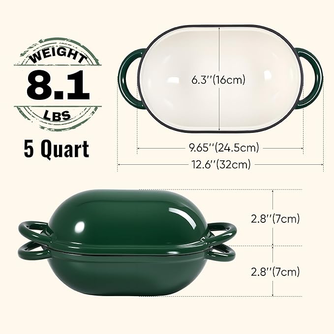 5 QT Oval Dutch Oven for Bread Baking, Enamelled Cast Iron Bread Oven for Sourdough, Sourdough Loaf Pan with Lid, Heavy-Duty Non Stick Bread Pan for Homemade Bread Baking, Green