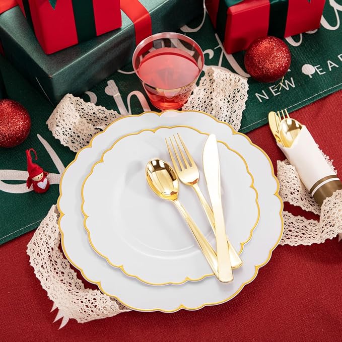Morejoy 175PCS Gold Plastic Plates竊똚hite Gold Disposable Plates with Pre Rolled Napkins:25 Dinner Plates,25 Dessert Plates,25 Spoons,25 Forks,25Knives,25Cups,25Napkins for Party & Christmas