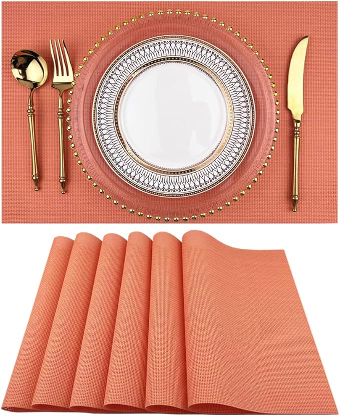 WAZAIGUR Placemats,Easy to Clean Crisscross Woven Vinyl Place Mats Durable Non-Slip Heat Resistant Table Mats,Placemats for Kitchen Table (Orange, 6)
