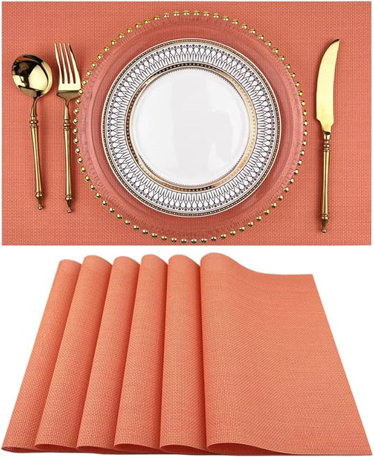 WAZAIGUR Placemats,Easy to Clean Crisscross Woven Vinyl Place Mats Durable Non-Slip Heat Resistant Table Mats,Placemats for Kitchen Table (Orange, 6)