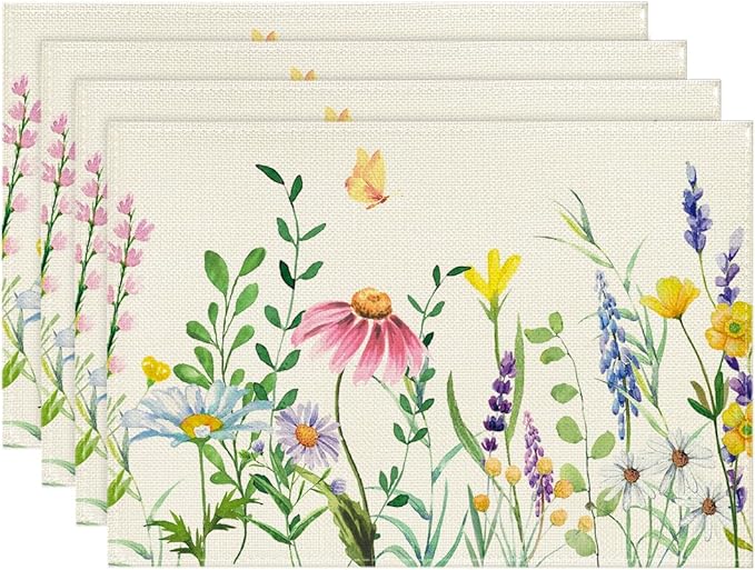 Artoid Mode Daisy Eucalyptus Lavender Floral Leaves Spring Placemats Set of 4,12x18 Inch Seasonal Table Mats for Party Kitchen Dining Decoration