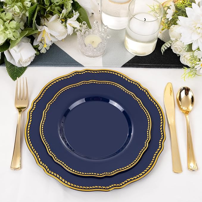 Hioasis 60pcs Blue Plastic Plates - Blue and Gold Disposable Dinnerware with Gold Rim, Heavy-duty, 7.5 inch, Dessert Plates for Party & Christmas