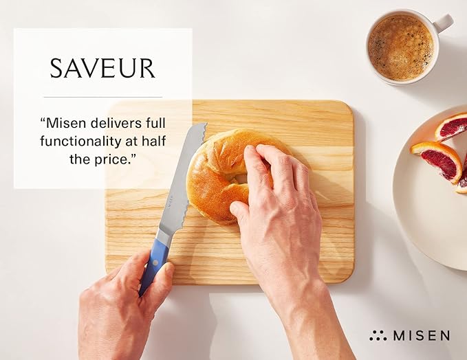 Misen Serrated Bread Knife - High-Carbon Japanese AUS8 Steel - Perfect for Soft Foods, Bread, Pastries, and Fruits - Verstatile Slicer, Razor-Sharp Edge, Durable Blade, Ergonomic Handle - 5", Blue