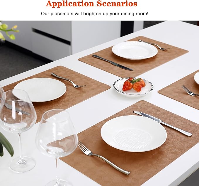 Bxzandya Vinyl Placemats Set of 4 Heat Resistant Easy Clean Non-Slip Place Mats for Dining Table Faux Leather Waterproof Stain Resistant Wipeable Washable PVC Table Mats(4, Light Brown)