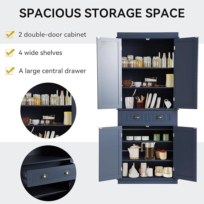 72" Kitchen Pantry Storage Cabinet, Freestanding Cupboard with 2 Cabinets, Drawer and Adjustable Shelves, Tall Storage Cabinet for Kitchen, Dinning Room, Living Room (Dusty Blue)