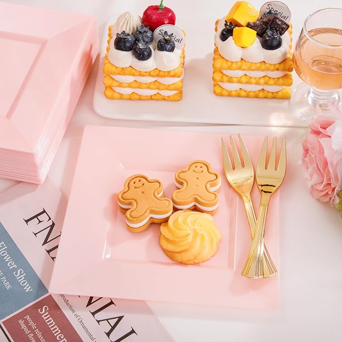 supernal 200pcs Square Pink Dessert Plates with Gold Plastic Forks,Appetizer Pink Plate Disposable with 100 Square Dessert Plates 6" and 100 5" Gold Forks Perfect Valentine Day Birthday Wedding