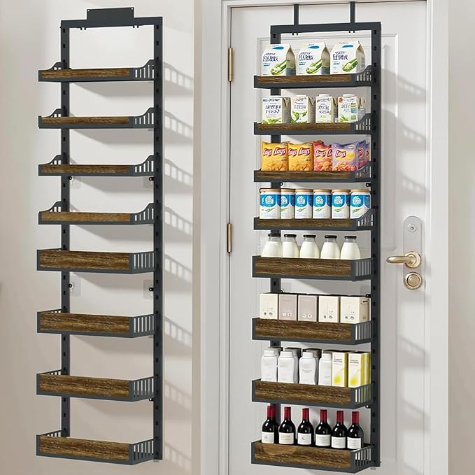 Over the Door Pantry Organizer, 8-Tier Door Spice Rack Organizer Pantry, Behind the Door Storage Organizer with Adjustable Baskets, 2 in 1 Wall Mount or Hanging Back of Door Organizer