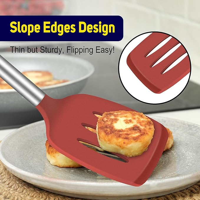 HOTEC Silicone Spatula Set of 2 Heat-Resistant 600째F & BPA-Free Kitchen SaptulaTurner with Stainless Steel Handles, Slotted & Solid Spatulas for Nonstick Cookware, 13.7 Inch, Red