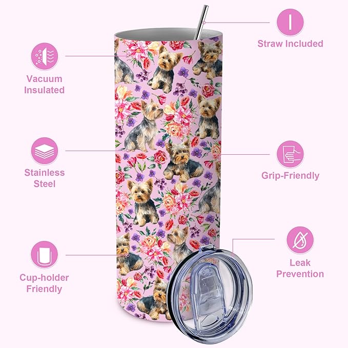 Yogusut Yorkie Gifts for Women, 20oz Stainless Steel Insulated Tumbler Travel Mug Cup with Lid Straw Brush, Gifts for Dog Mom Dog Lover