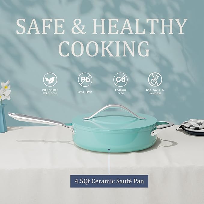 Nonstick Ceramic Saut챕 Pan with Lid (4.5 qt, 11") Deep Frying Pan for All Cooktops, Non Toxic Skillet PTFE/PFAS Free, Oven Safe up to 500째F w/ Stainless Steel Stay-Cool Handle, Caribbean Blue