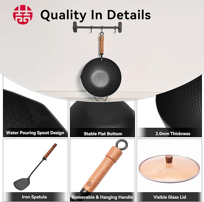 WANGYUANJI 12.6" Wok with Lid, Flat Bottom Nonstick Wok Pan for Induction Cooktop, Stir Fry Woks & Pans for Cooking
