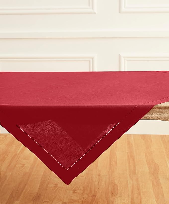 Solino Home Red Linen Tablecloth 52 x 52 Inch - 100% Pure Linen Square Table Throw - Classic Hemstitch, Machine Washable Table Cloth for Valentines