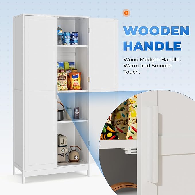 INTERGREAT Pantry Cabinets, Kitchen Storage Cabinets with 2 Door and Adjustable Shelves, White Kitchen Pantry Cabinet, Freestanding Cupboard for Dining Room, Living Room, Bathroom