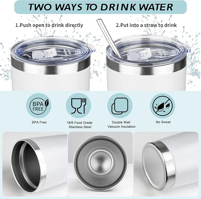 ATIKZHE 20oz Tumbler with Straw and Brush, Stainless Steel Vacuum Insulated tumbler, Double Wall Insulated Coffee Tumbler for Outdoor, Home, Travel,Office (White,1pcs)